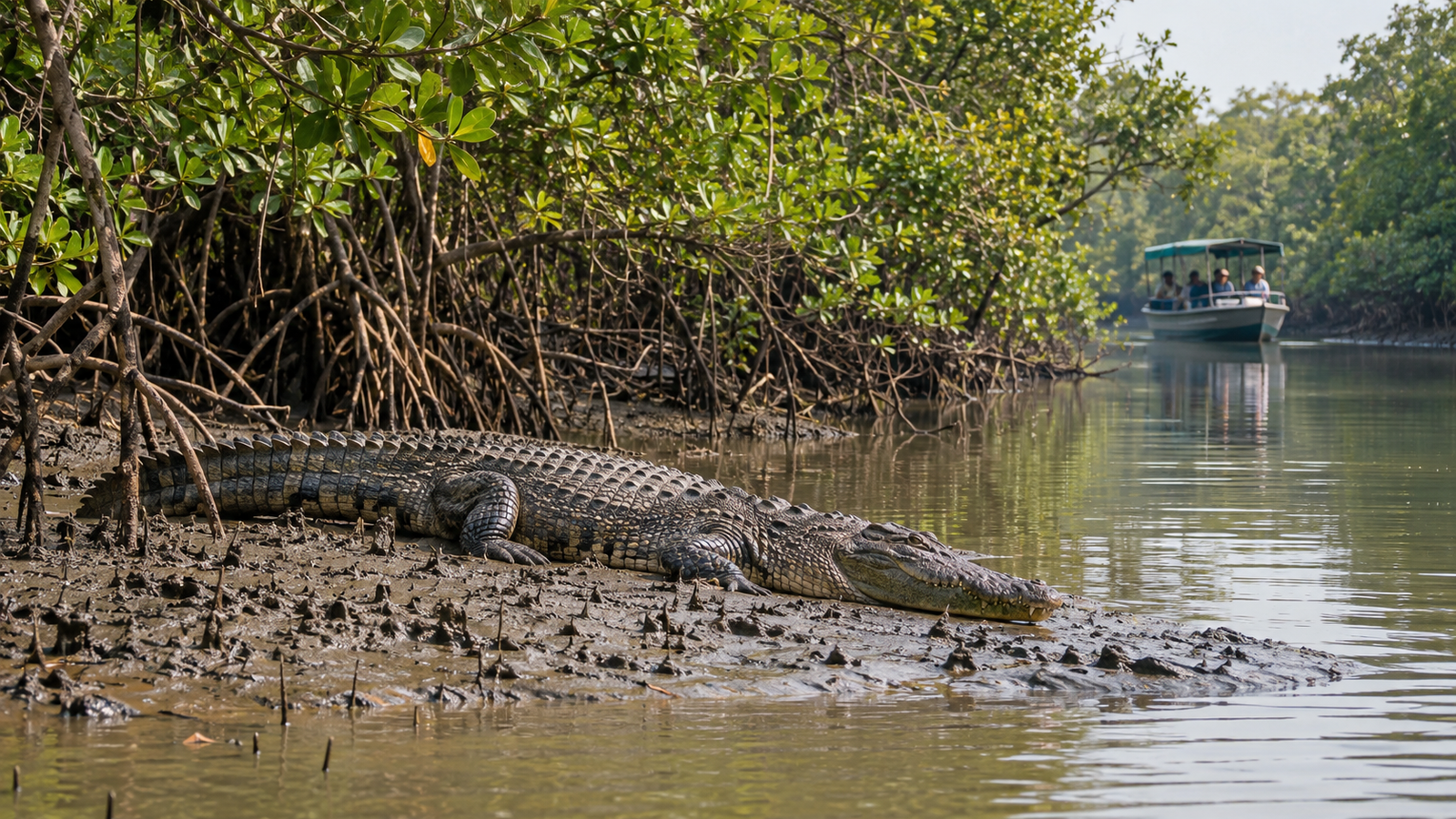 Saltwater crocodiles basking on the banks of Bhitarkanika National Park